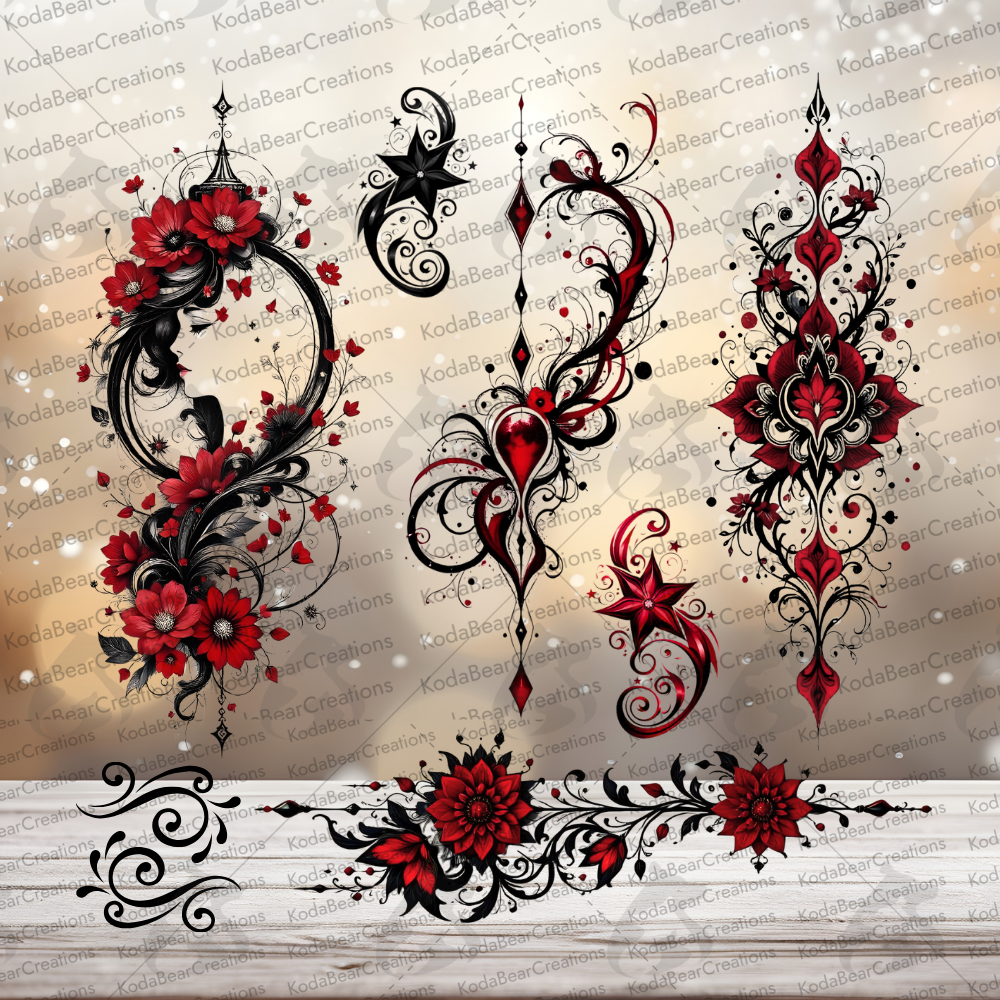 Crimson Bloom Element Sheet UV DTF Decals-E077