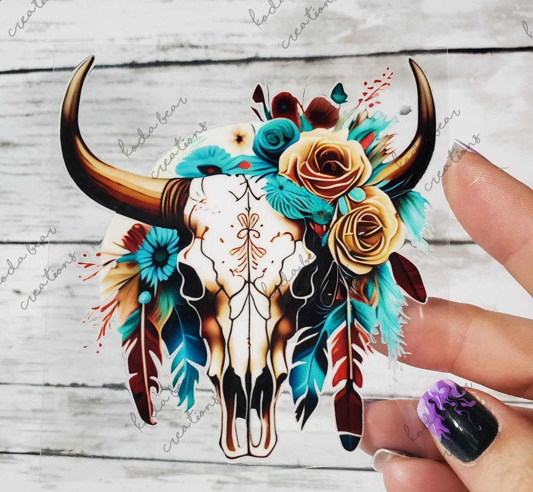 Cow Skull & Feathers UV DTF Decal-D272