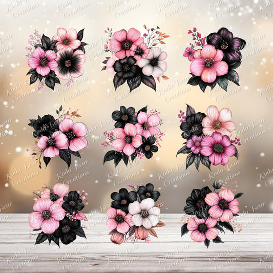 Pink & Black Floral Element Sheet UV DTF Decals