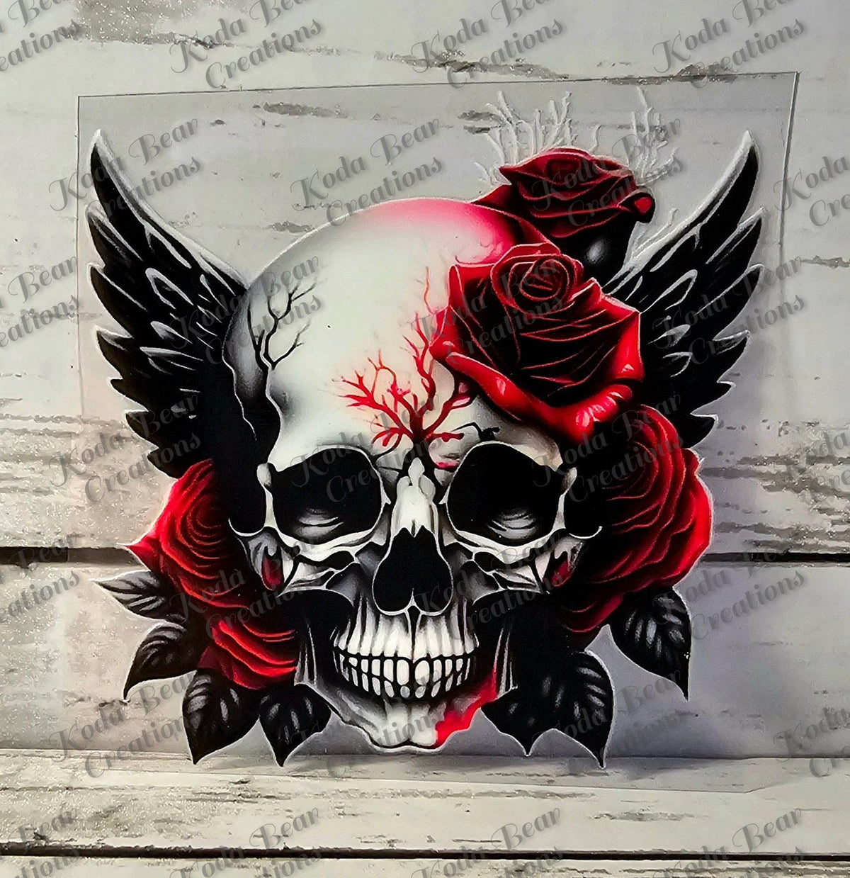 UV DTF Decal, Skull With Wings And Roses, Tumbler Fabric Transfer