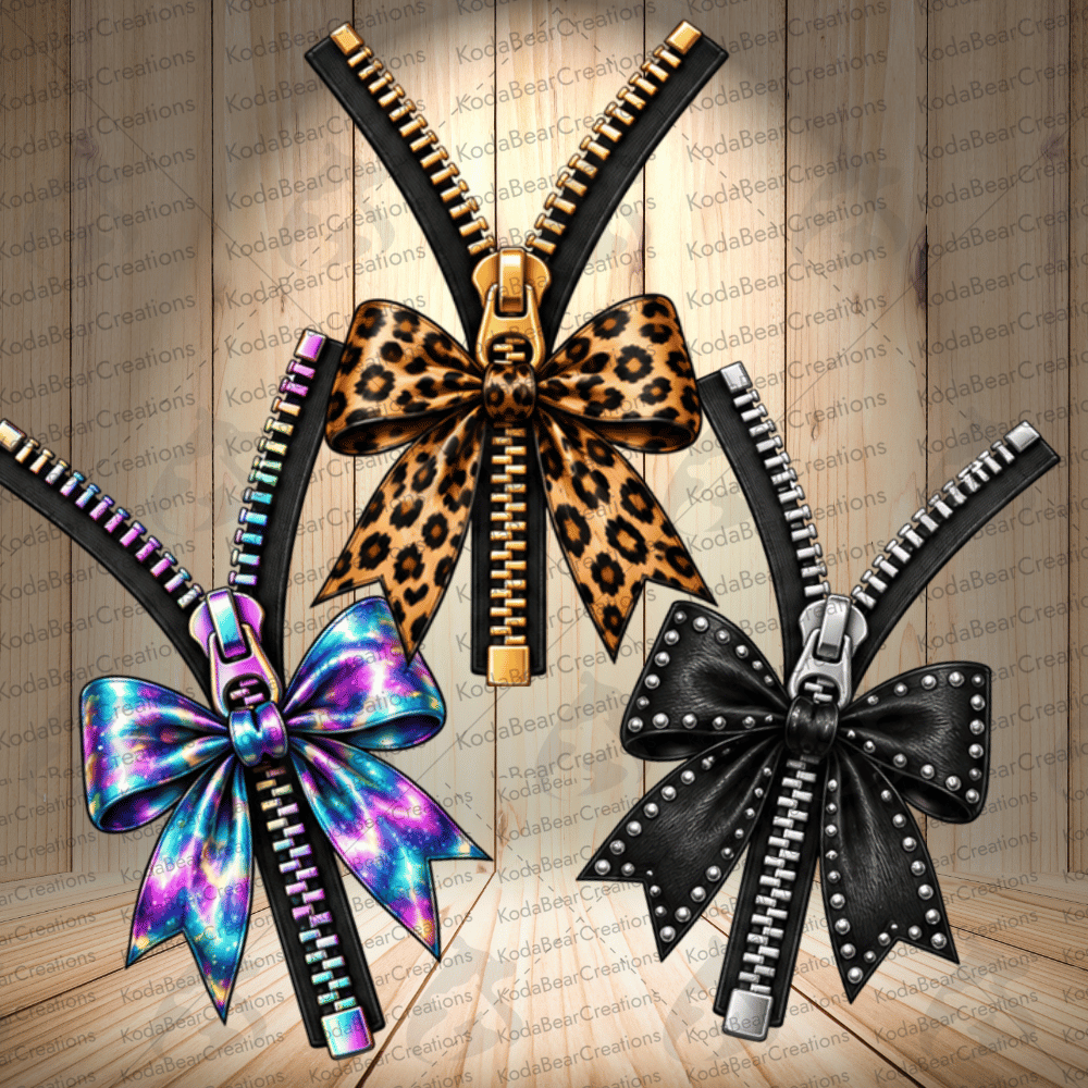 three zippers with bows on them, arranged in a triangular formation against a wooden background.