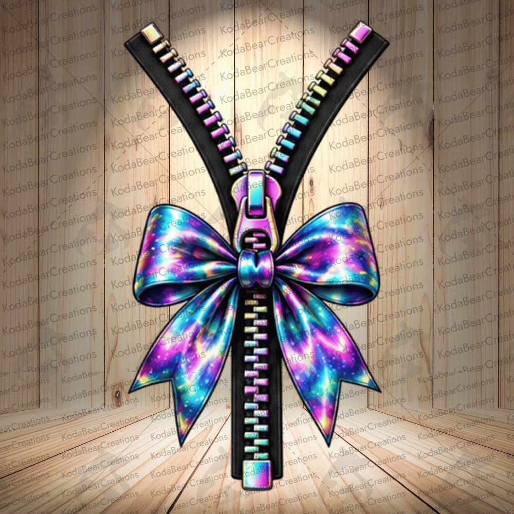 A colorful, tie-dye bow-shaped zipper with a metallic zipper pull is displayed against a wooden background with the text "KodabearCreations" repeated multiple times.