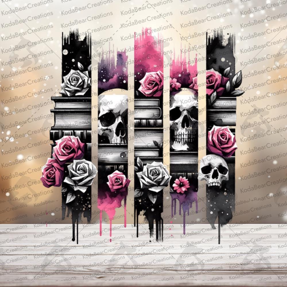 UV DTF Tumbler Wrap, Books & Skulls Brushstrokes, 3.5in. Sticker.