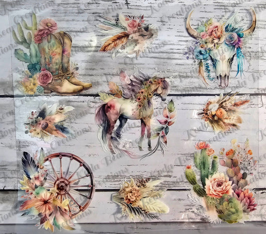 Western UV DTF Decals, Floral 8in Sheet For Tumbler Wraps Durable