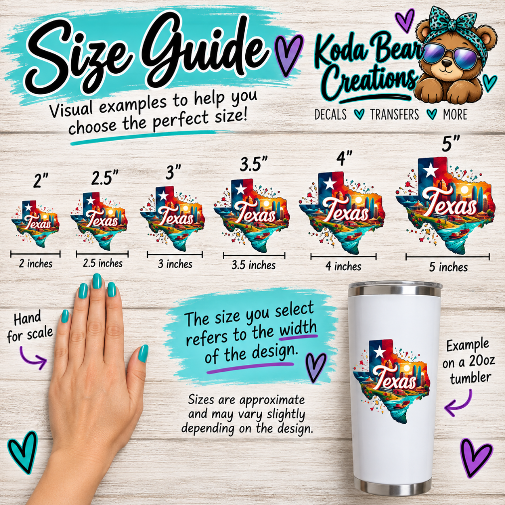 The image is a visual guide for choosing the perfect size for a tumbler design featuring a Texas state map. It includes hand-sized examples of the tumbler design and provides a scale for selecting the appropriate size.