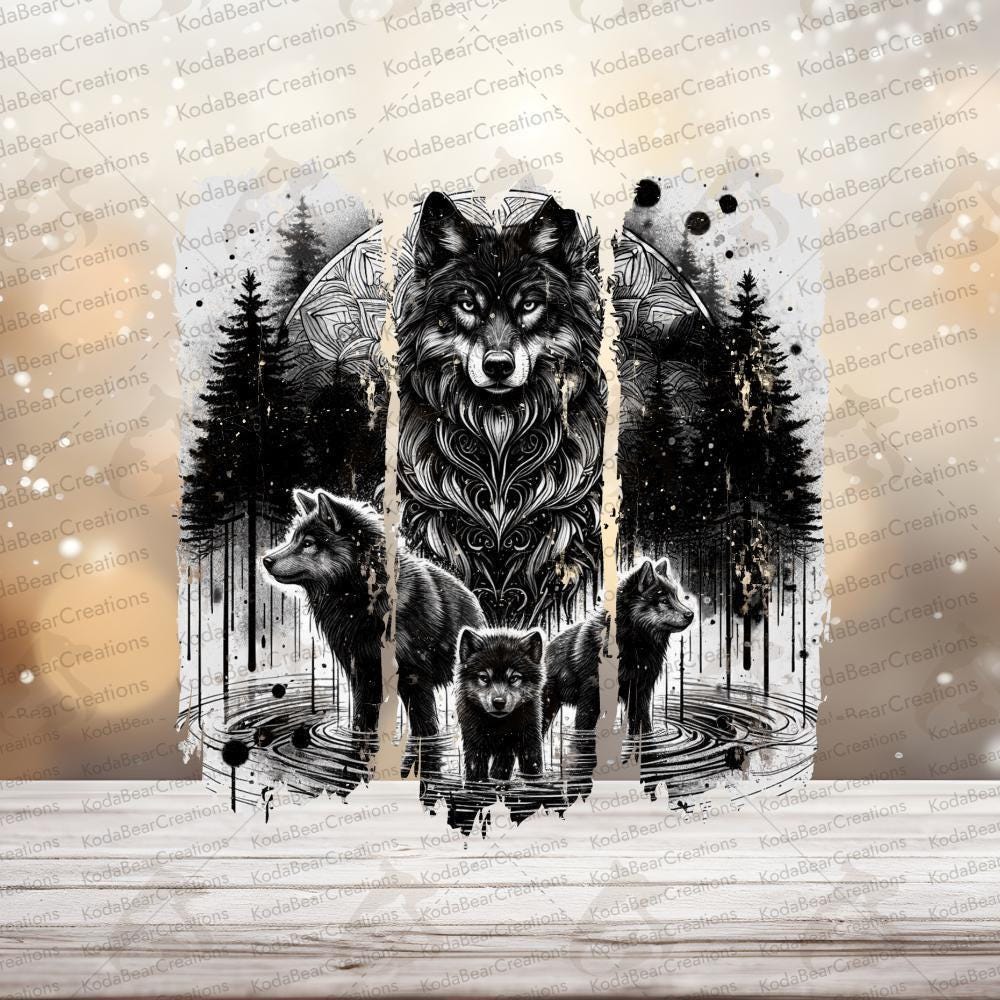 wolf uv dtf decal, Black And White Tumbler Sticker Ready To Press