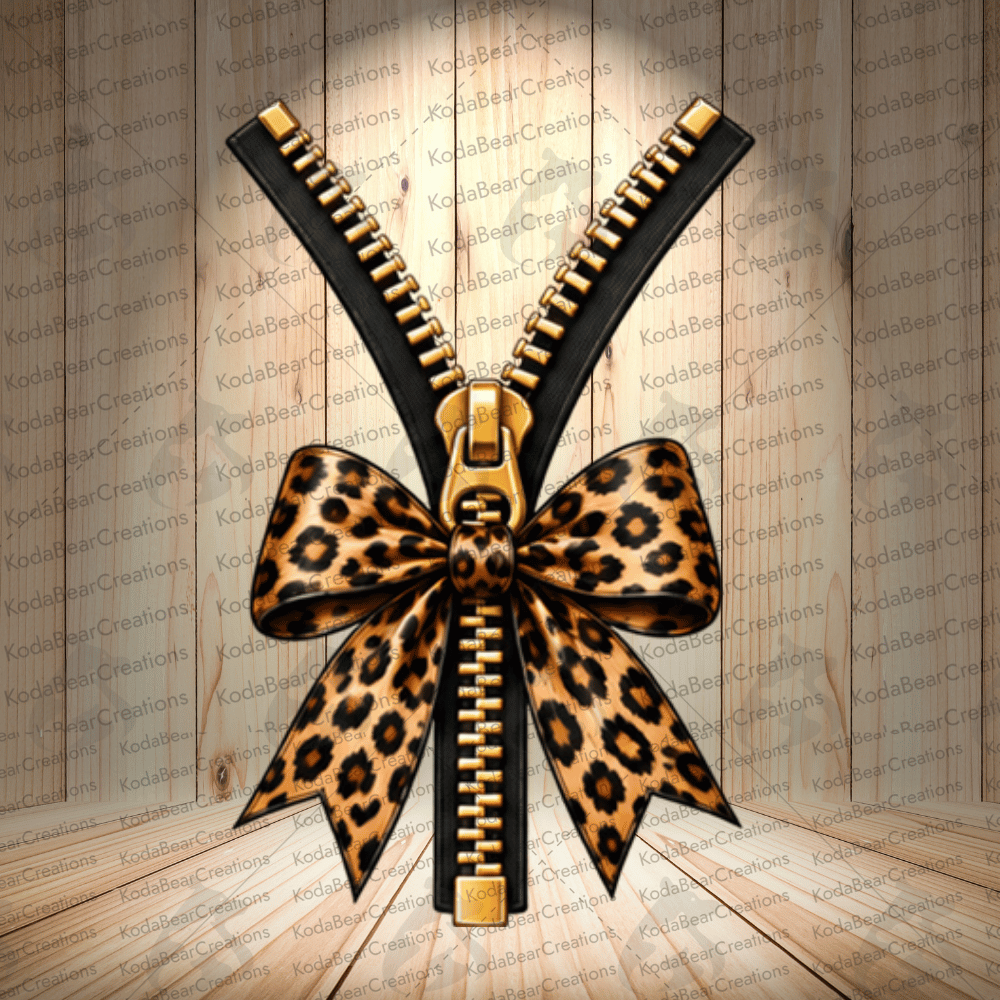 A leopard print bow on a zipper, with the zipper and bow facing each other, against a wooden background with the word "Kodabearcreations" repeated multiple times.