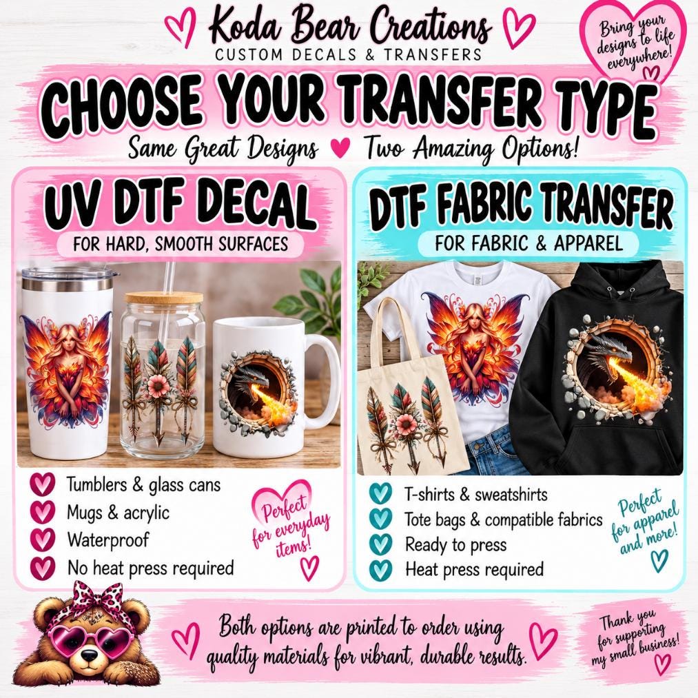 The image is an advertisement for Koda Bear Creations, a company that offers custom decals and transfers for various items such as tumblers, mugs, and fabric. The ad showcases two options for transferring designs: UV decal for hard, smooth surfaces and fabric transfer for apparel and accessories. The ad highlights the versatility of these transfer options, allowing customers to choose the best option for their specific needs.