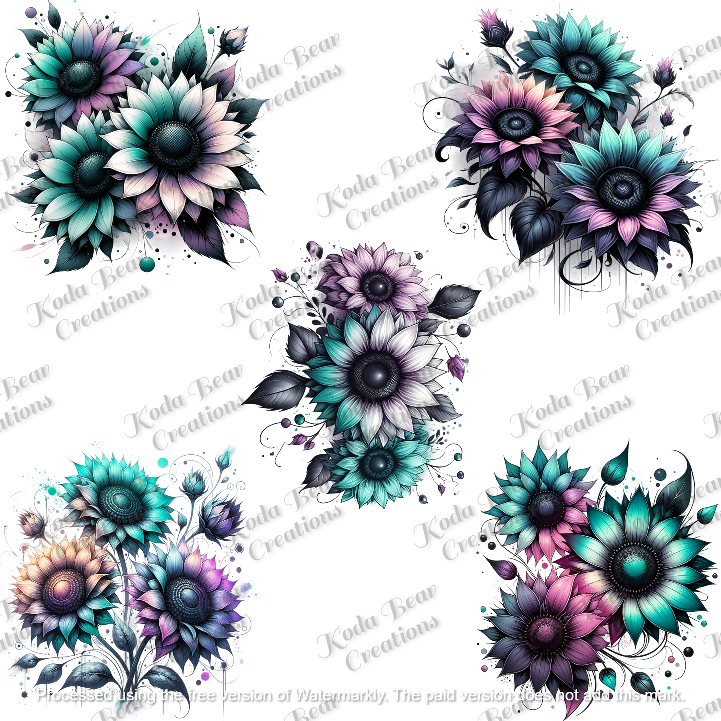 Purple/Teal Sunflower Element Sheet UV DTF Decals