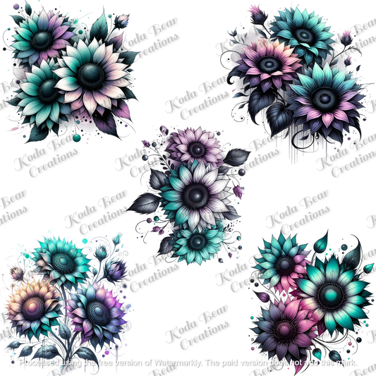 Purple/Teal Sunflower Element Sheet UV DTF Decals