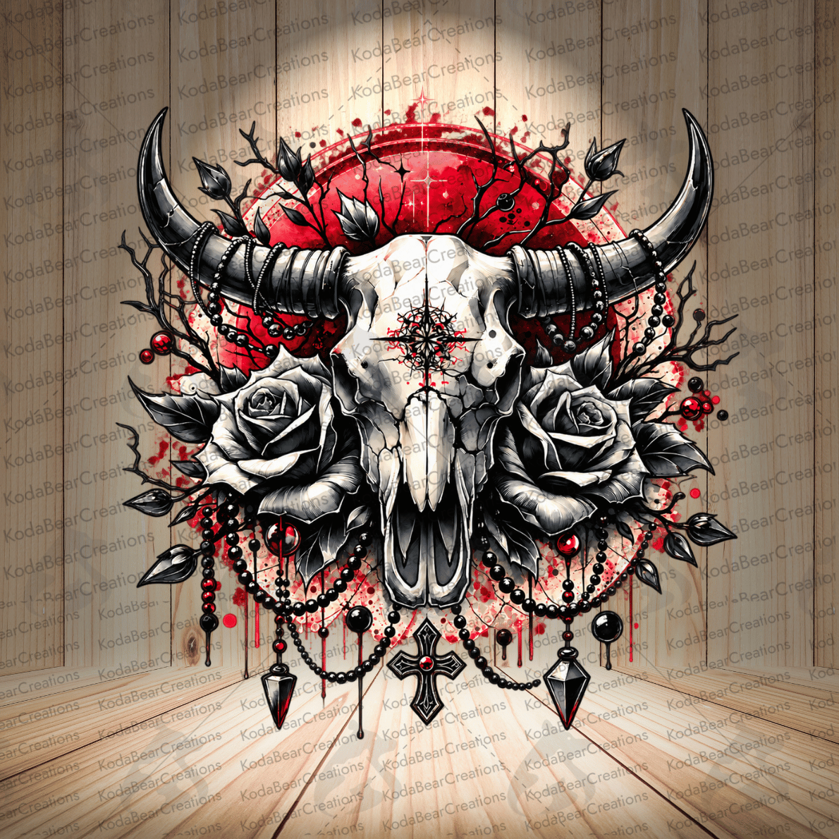 a skull with horns, surrounded by a floral arrangement and various decorative elements, including a cross and beads.