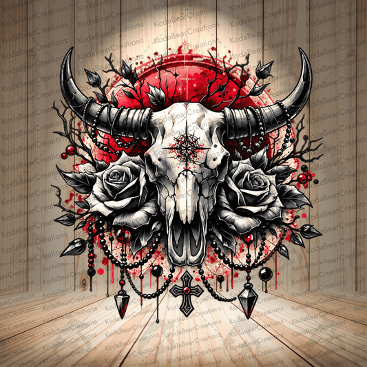 a skull with horns, surrounded by a floral arrangement and various decorative elements, including a cross and beads.