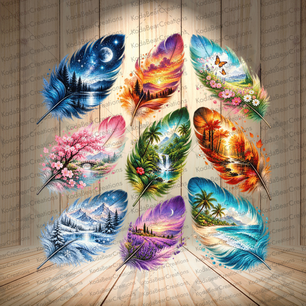The image is a collage of nine colorful feathers, each depicting a different landscape scene, arranged in a circular pattern on a wooden background.