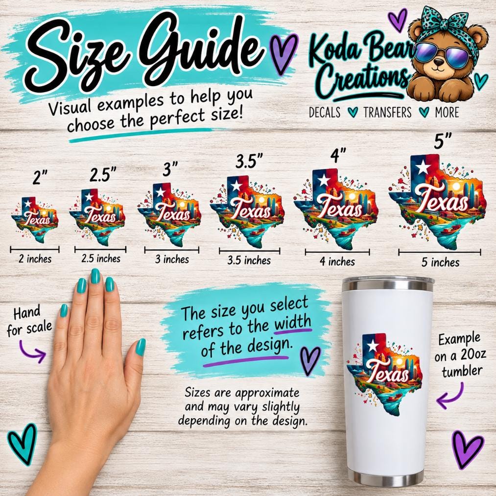 The image is a visual guide for choosing the perfect size for a tumbler design featuring a Texas state map. It includes hand-sized examples of the tumbler design and provides a scale for selecting the appropriate size.