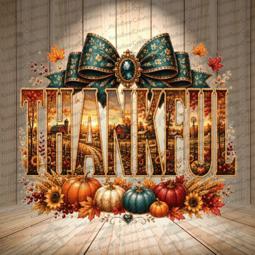a large, ornate word "THANKFUL" surrounded by various autumn-themed elements such as pumpkins, leaves, and a bow.