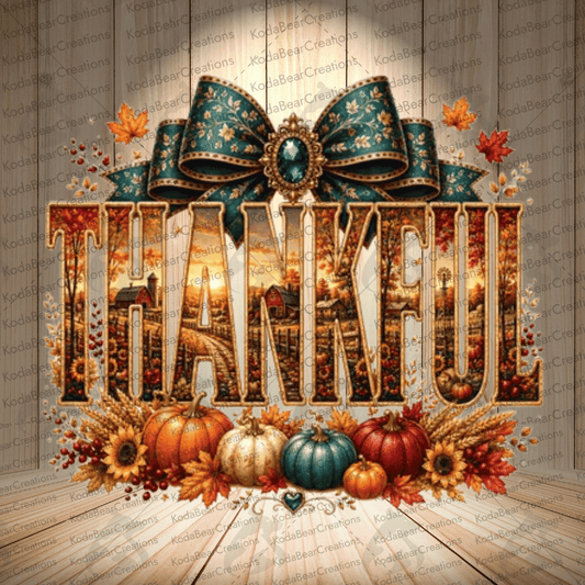 a large, ornate word "THANKFUL" surrounded by various autumn-themed elements such as pumpkins, leaves, and a bow.