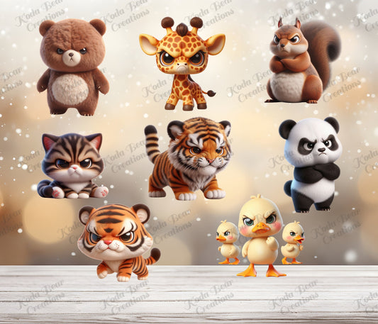 UV DTF Decals, Angry Animals 8in Sheet, Waterproof Tumbler Decals