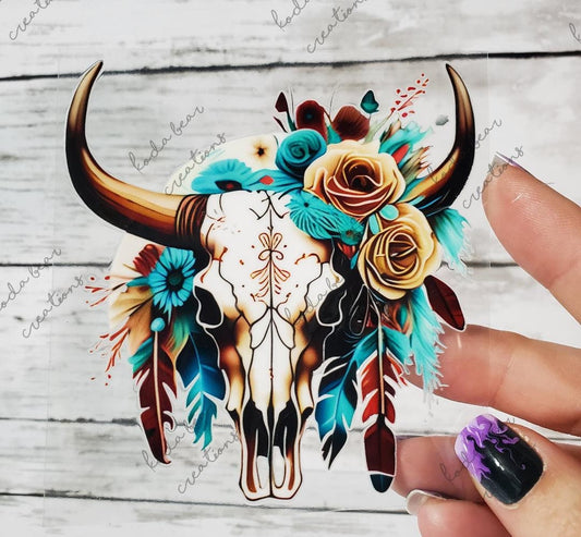 Cow Skull & Feathers UV DTF Decal-D272