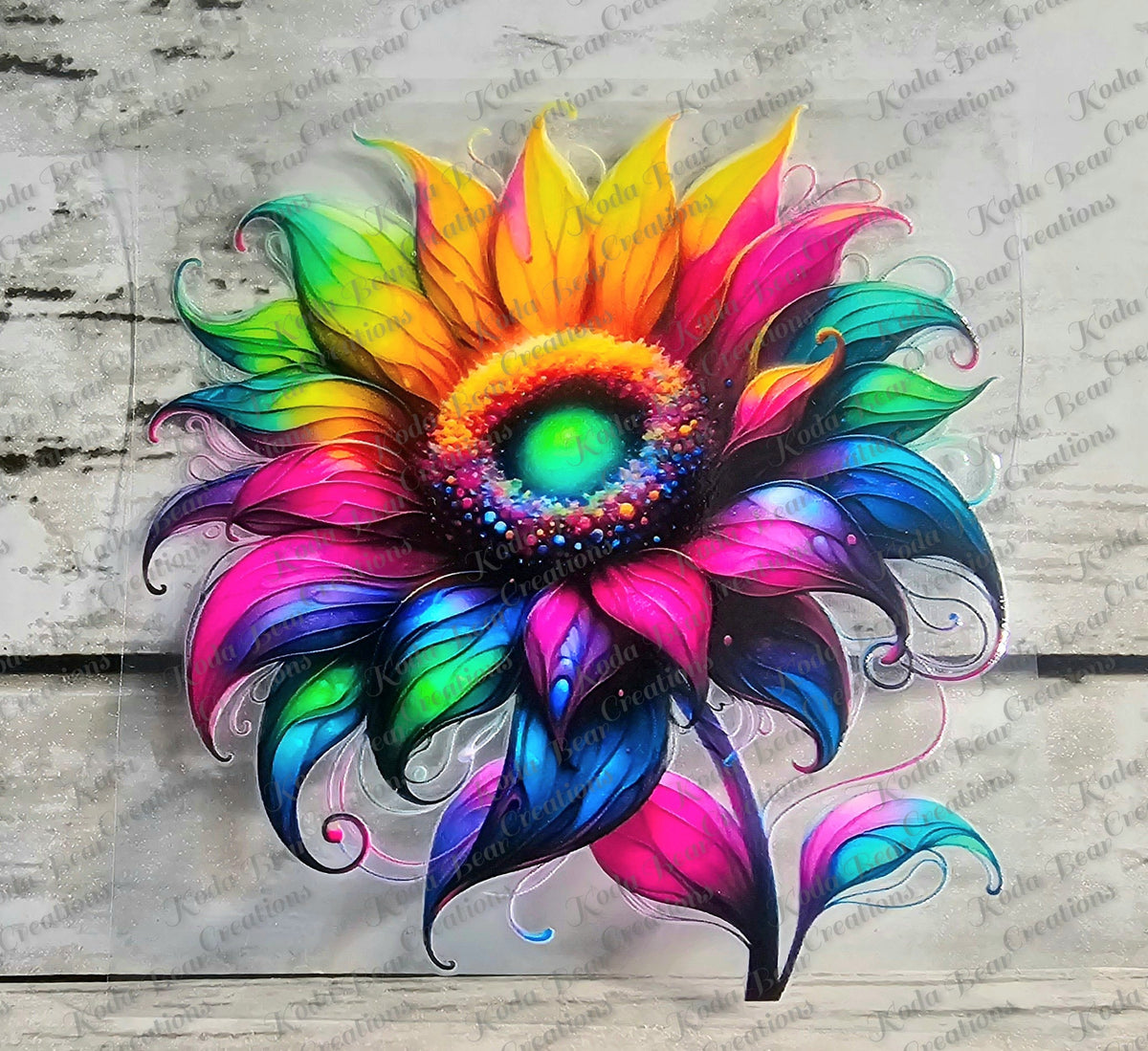 Rainbow colored Sunflower UV DTF Decal