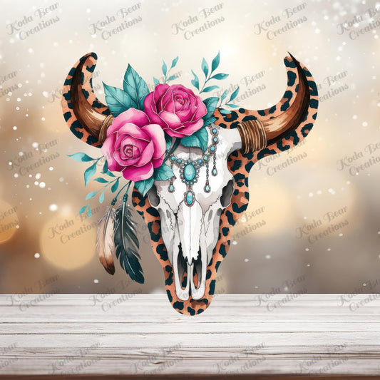 Leopard Print Cow Skull UV DTF Decal