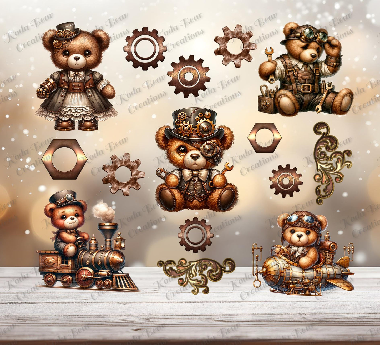 Steampunk Bears Element Sheet UV DTF Decals