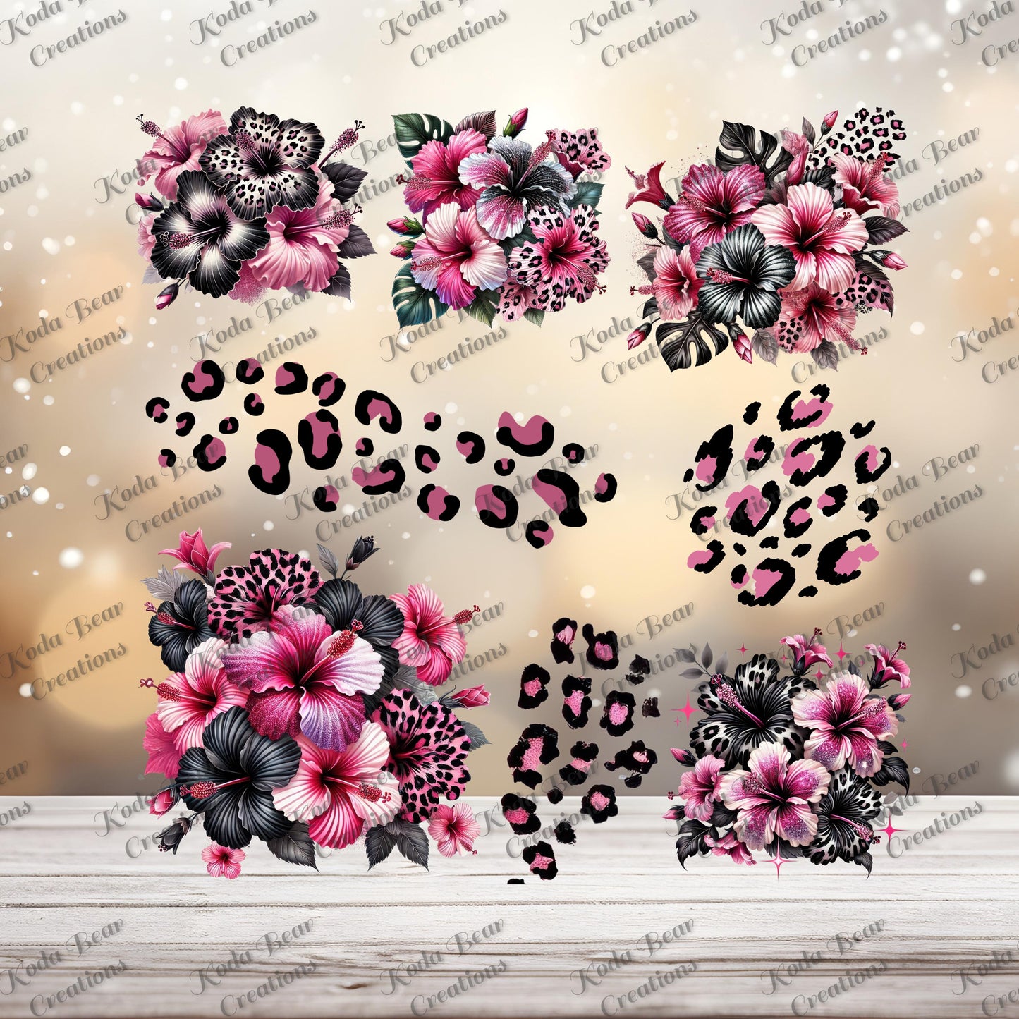Pink & Black Hibiscus Element Sheet UV DTF Decals-E048